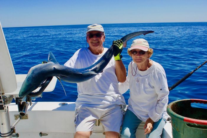 guy et denise pechent un requin peau bleue