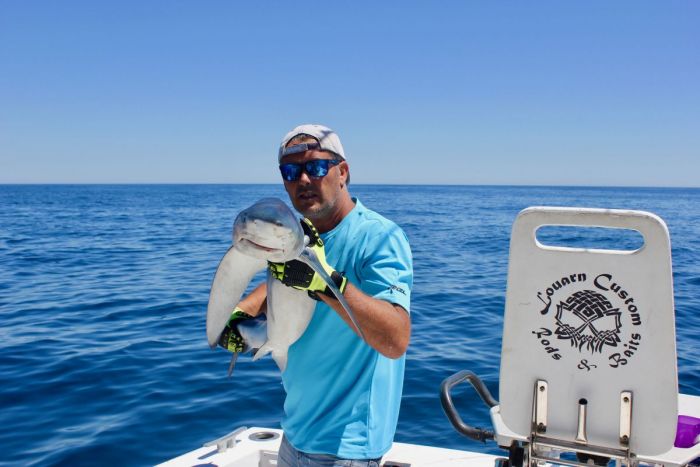 guy et denise pechent un requin peau bleue