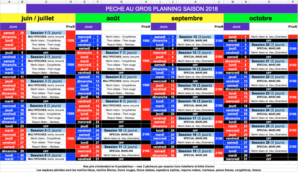 Planning Officiel 2018 pêche au gros, marlin bleu et marlin blanc, thon rouge espadon